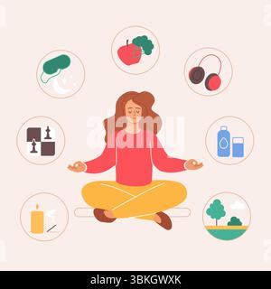 Healthy habits for wellbeing, emotional balance. Tiny woman sitting in lotus yoga pose for meditation, daily life routine icons of sleep and music, chess and walk, diet cartoon vector illustration Stock Vector