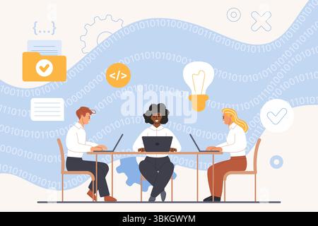 Hackathon, marathon of collaboration in software development by different specialists. Tiny programmers, web developers, designers working at table on project together cartoon vector illustration Stock Vector