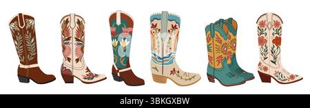 Set of cowgirl boot with traditional Western style Stock Vector