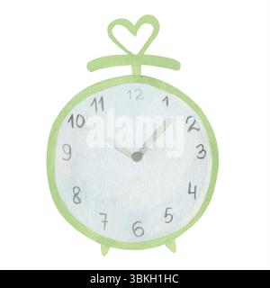 Watercolor illustration of a vintage green alarm clock hand drawn. isolated from the background. For children designs, logos, gift packages, postcards Stock Vector