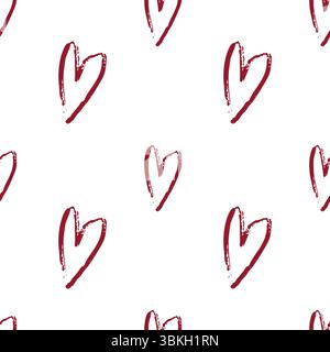 Vector hand drawn seamless pattern with red textured hearts on a white background Stock Vector