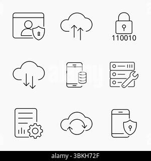 Simple outline icons representing cloud storage, data syncing, mobile security and server maintenance. Great for IT cloud services and digital safety Stock Vector
