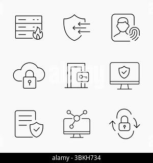 Outline Icon Set illustrating cloud security, access control, identity verification and IT infrastructure, Perfect for cybersecurity and digital prote Stock Vector