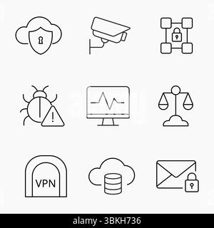 Minimal outline icons representing cybersecurity, cloud services, data protection and technology infrastructure, vector illustration Stock Vector