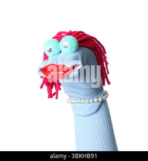 Funny sock puppet with hair isolated on white Stock Photo