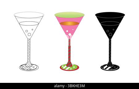Creative Martini Glass Designs in Outline, Colorful, and Solid Styles Stock Vector