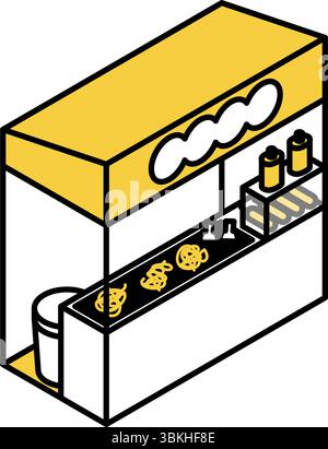 Isometric line art illustration of a yakisoba food stall, simple summer festival icon, Vector Illustration Stock Vector