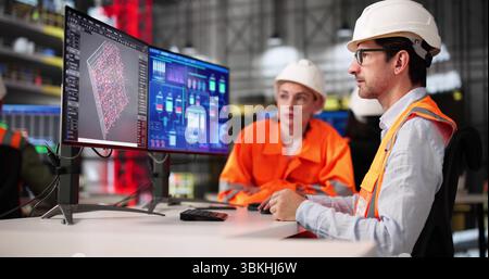 Young Black Engineer Using SCADA Software At Industrial Construction Site. Diverse Group Stock Photo