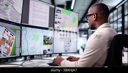 Virtual Architect Uses Real-time Market Alert To Search Estate Properties. Stock Photo