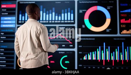 Businessman Analyzing Big Data On Artificial Intelligence Dashboard Software. Stock Trader Collaborating With Colleagues Stock Photo