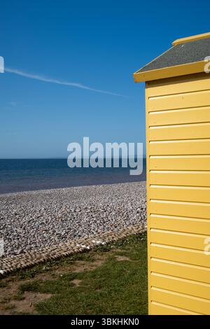 Beach and beach hut at Budleigh Salterton, East Devon, England, United Kingdom Stock Photo