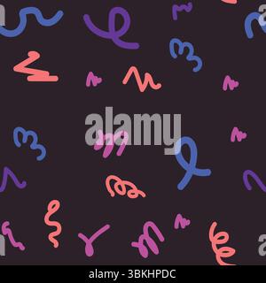 Seamless abstract background with playful hand-drawn squiggle shapes in bright colors over a dark black backdrop. Vector illustration Stock Vector