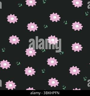 Repeating pink flower motifs with green leaves on a black background, giving a soft and elegant floral aesthetic. Vector illustration Stock Vector