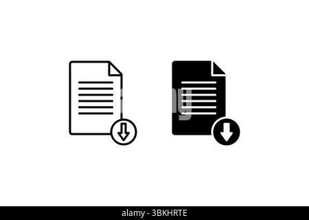 Download Document Icon Set. A black icon of a document with a download arrow, representing file transfer. Stock Vector