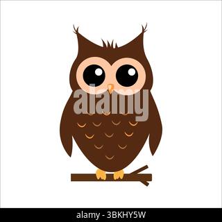 Adorable wide-eyed brown cartoon owl sitting on a branch, perfect for educational, autumn, or wildlife-themed graphics. Vector illustration Stock Vector