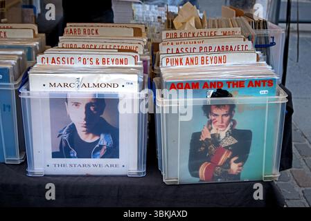 Secondhand vinyl records for sale at the Saturday market in the Grassmarket in Edinburgh's Old Town. Stock Photo