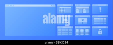 Web browser window, transparent pages layout with toolbar and search field. Modern website, internet page. Browser mockup for computer, tablet and Stock Vector