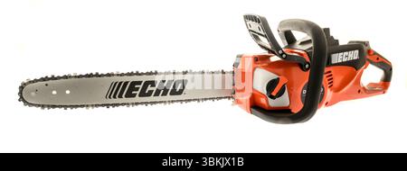 Winneconne, WI - 15 June 2025: A package of echo electric chainsaw on an isolated background. Stock Photo