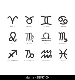 simple Line Art Zodiac Signs, vector illustration set of the 12 zodiac signs Stock Vector