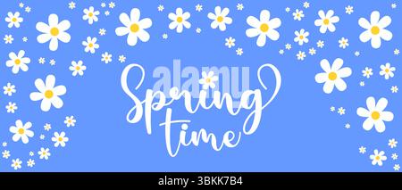 flower with text spring time blue background Stock Vector