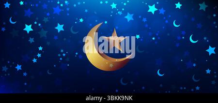 abstract stars pattern on light blue background with golden crescent moon islamic vector illustration Stock Vector