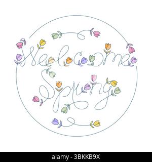 Tulip circle line with colorful tulips forming the text welcome spring design vector illustration Stock Vector