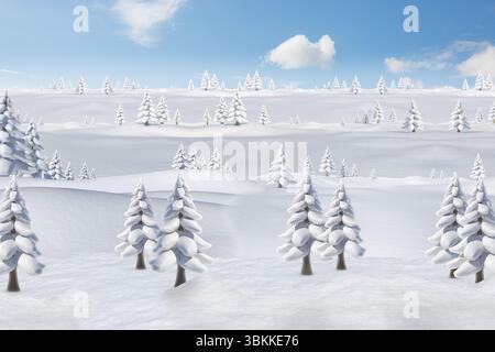 Flat design winter landscape is depicting snow-covered evergreens on rolling hills with clouds Stock Photo