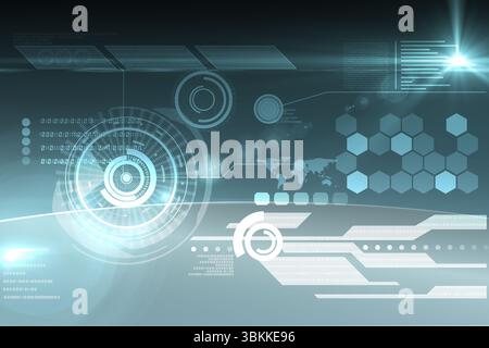 Futuristic flat UI is showing concentric circular HUD glowing over teal gradient, hexagon grid Stock Photo