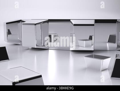 Large metallic block is resting amid shapes on reflective ring platform in 3D render Stock Photo