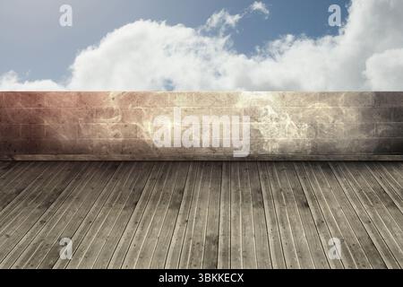 Flat design wooden deck and stone wall are spanning open rooftop terrace under cloudy blue sky Stock Photo