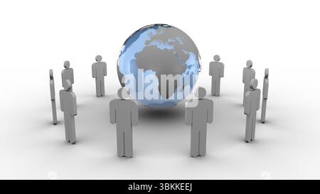 Glossy grey figures are forming circle around blue-silver globe in 3D on white backdrop, copy space Stock Photo