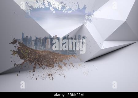 Abstract white polygonal form peeling back in 3D render, revealing city skyline and spilling soil Stock Photo