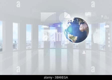 Holographic Earth globe is floating in minimalist room in 3D render, with data overlays and icons Stock Photo