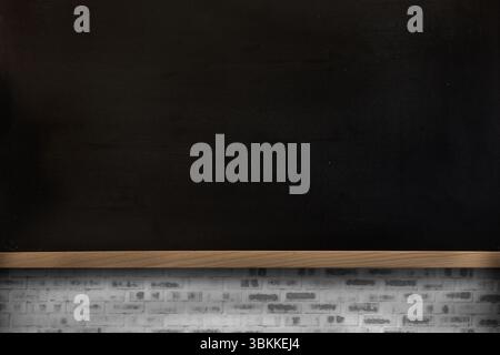 Black chalkboard flat design illustration is featuring wooden ledge over whitewashed brick wall Stock Photo