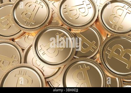 Gold-colored Bitcoin coins are overlapping in pile in 3D render with transparent background Stock Photo