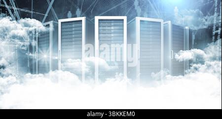 Central server cabinets are floating in flat design cloud scene with glowing doors and binary code Stock Photo