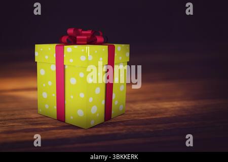 Yellow polka-dotted gift box is resting with red ribbon bow on wooden surface in flat design Stock Photo