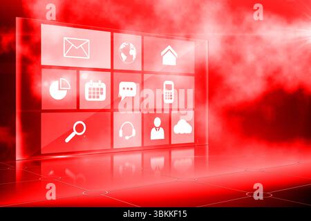 Holographic interface panel is floating above reflective red tiles in 3D render with white icons Stock Photo