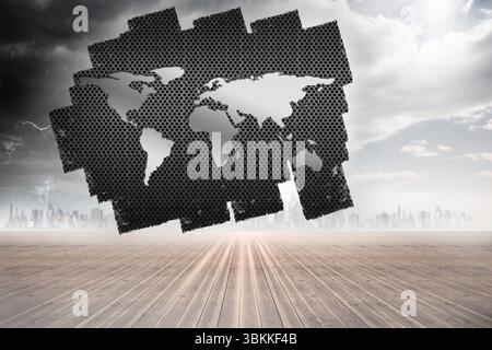 Floating hexagonal metal map is hovering against skyline in 3D render under lightning and sunrays Stock Photo