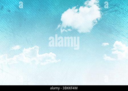 Large white cumulus cloud is floating in flat design gradient blue sky, textured overlay Stock Photo