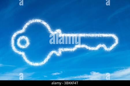 Clouds are forming sharp key shape in flat design illustration against bright blue sky, copy space Stock Photo