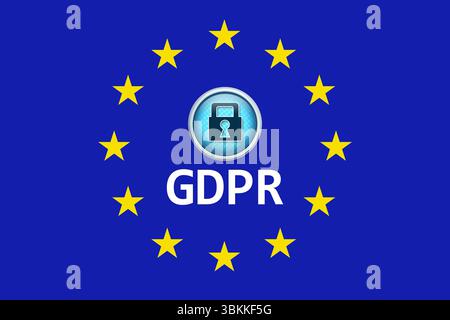 Glossy flat design GDPR button is being shown in EU flag circle of twelve yellow stars Stock Photo