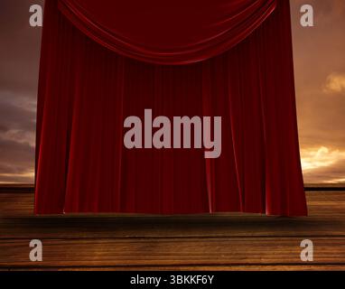Red velvet curtain is draping across wooden stage floor in flat design, with sunset sky backdrop Stock Photo