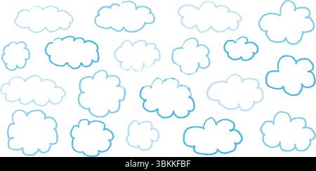 Hand drawn sky background with crayon texture clouds and pastel stars. Cute pencil style illustration in blue with brush paint elements. Child doodle Stock Vector