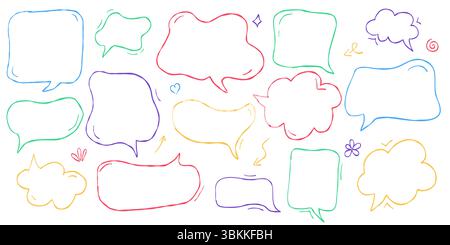 Handwritten speech bubble collection in crayon and chalk style. Cute pastel talk clouds for kids with pencil drawn dialog frames. Childlike text boxes Stock Vector