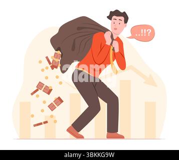 Businessman Holding Ripped Money Bag and Losing Money Bundle with Coins Spilling Out for Bankruptcy, Financial Crisis and Recession Concept Stock Vector