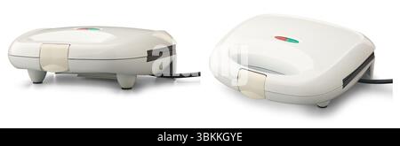 set of modern compact multi functional sandwich maker or toaster isolated white background, versatile kitchen appliance in different angles Stock Photo