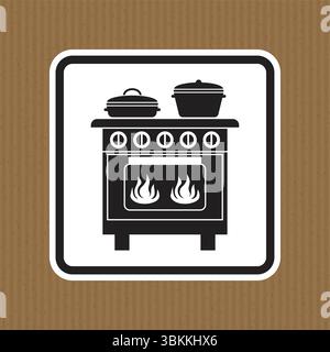 This black and white icon features a stove with cookware and flames, perfect for representing kitchen cooking activities, food preparation, and culina Stock Vector