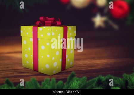 Flat design showing polka dot giftbox on table with greens, red ribbon-bow, blurred star ornament Stock Photo