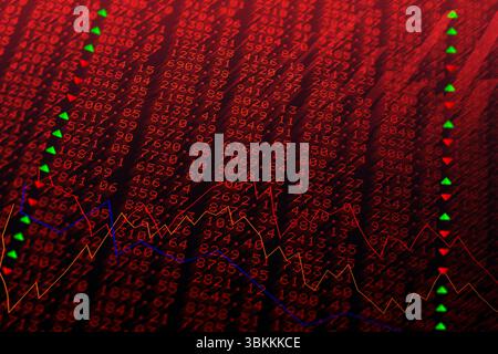 Displaying flat chart showing red numbers green up triangles red down arrows and blue-orange lines Stock Photo